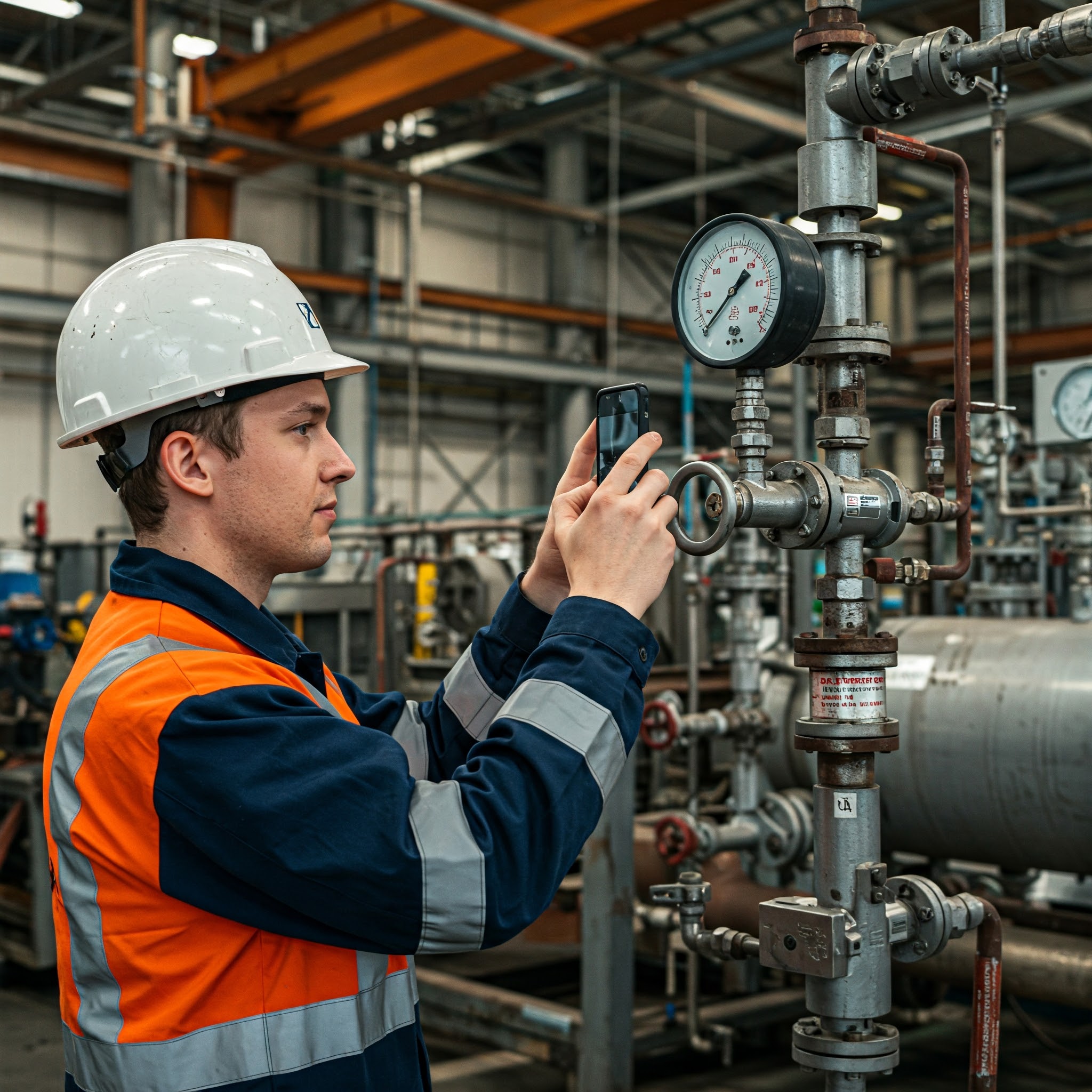 Technician checking industrial piping in chemical plant