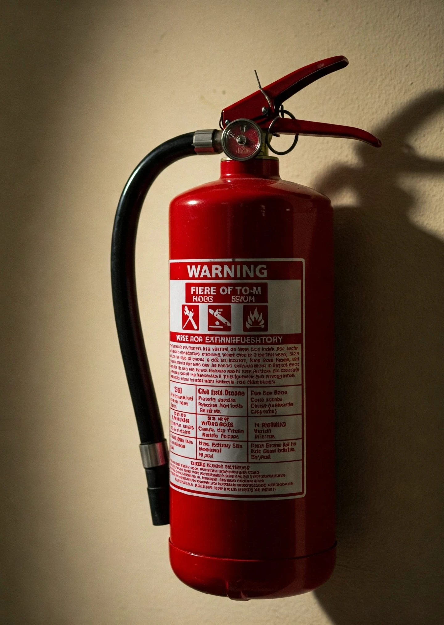 Red_fire_extinguisher_with_warning_label_attached_to_a_wall