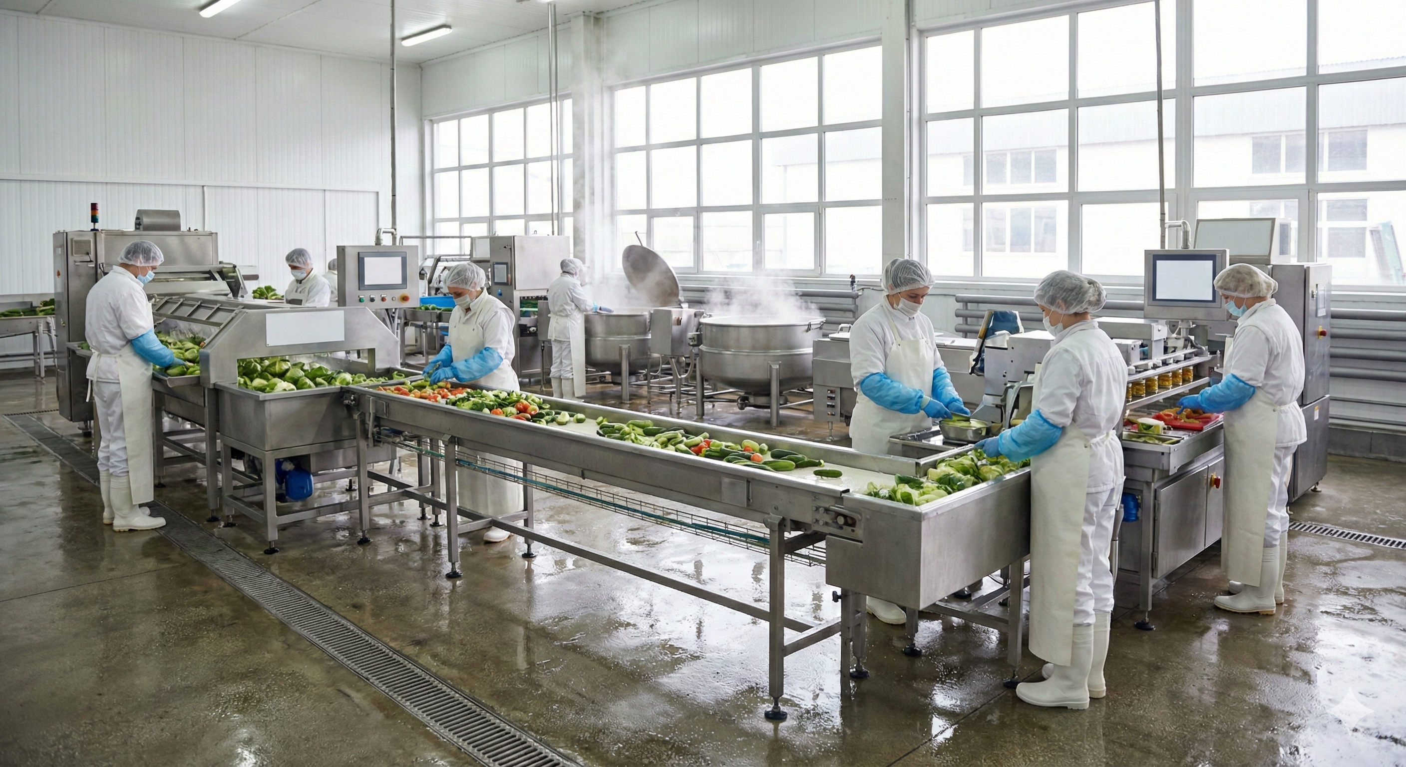 Workers processing food on conveyor belt in factory
