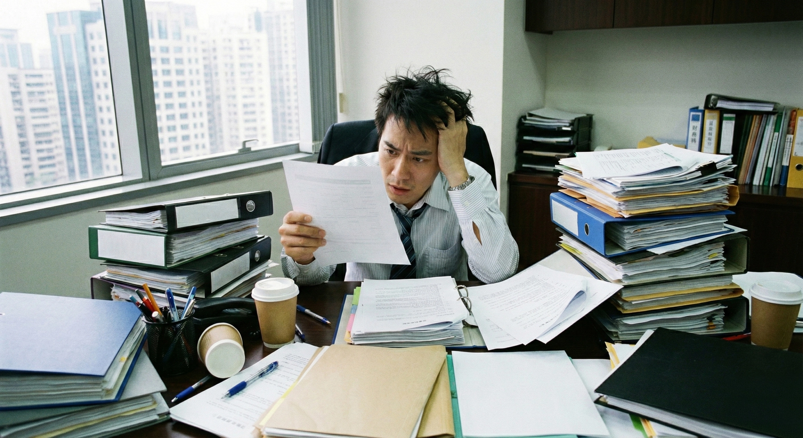 Stressed worker with piles of office paperwork