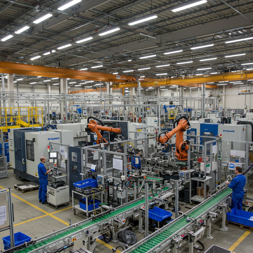 Industrial robots on assembly line in manufacturing plant