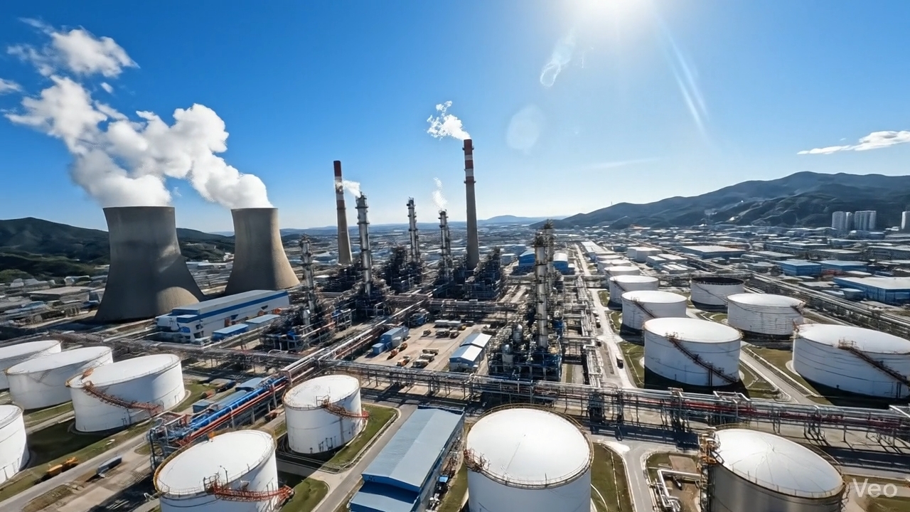 Aerial view of petrochemical plant and storage tanks
