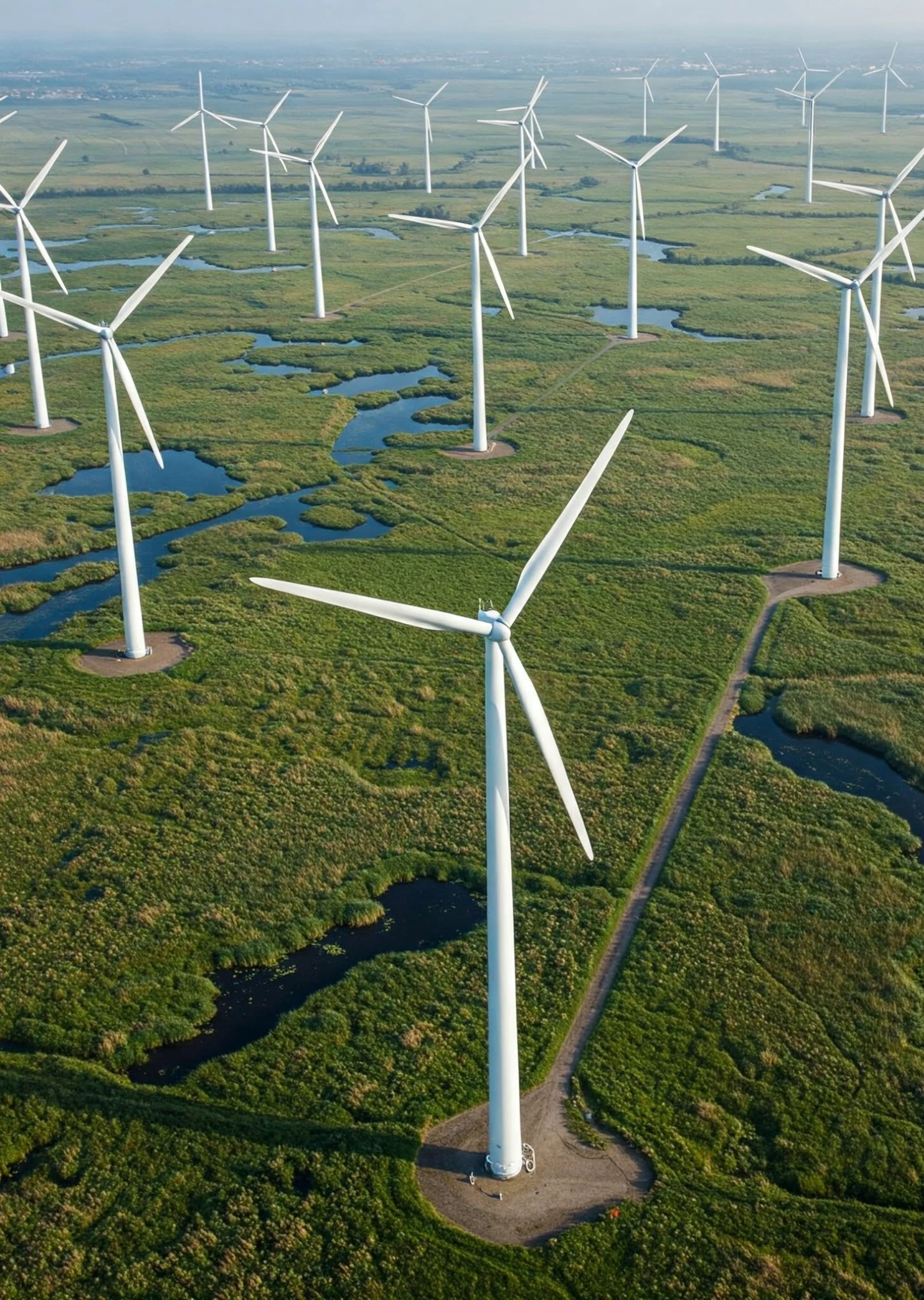 Wind_turbines_standing_on_green_fields_with_water_pools_under_a_clear_sky