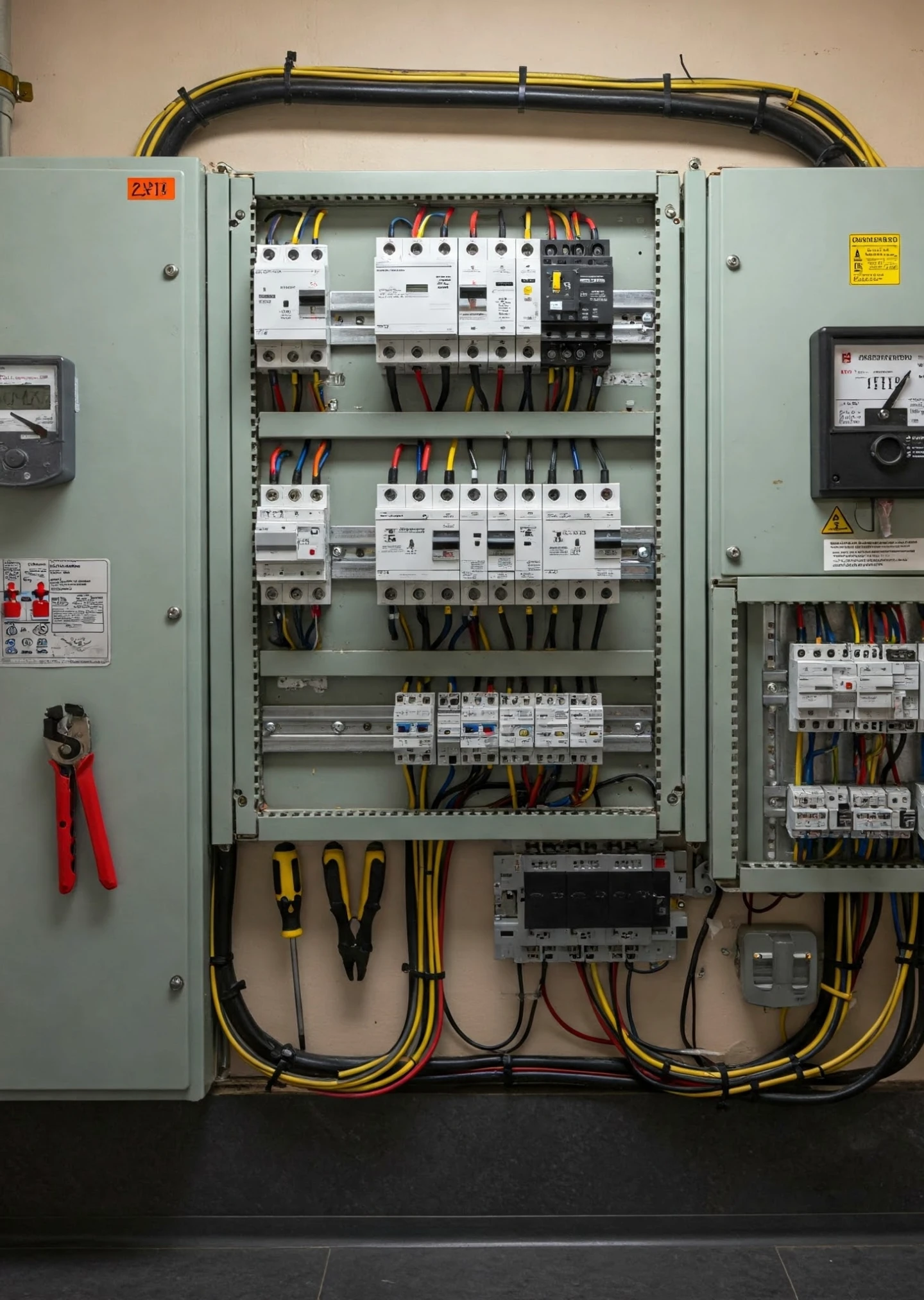 Industrial_electrical_panel_with_labeled_circuit_breakers_wiring_and_maintenance_tools_used_for_inspection_and_control