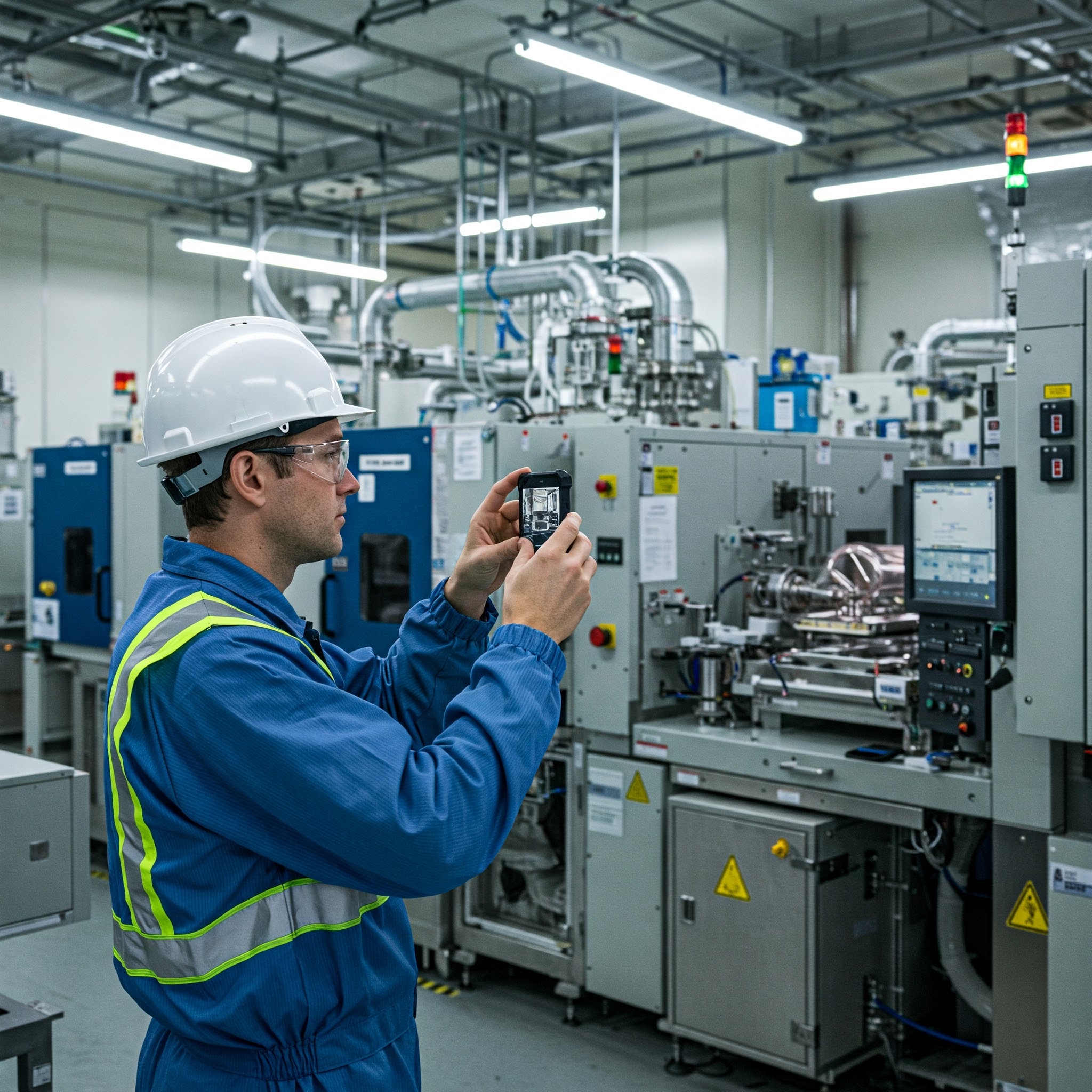 Engineer operating precision equipment in semiconductor cleanroom