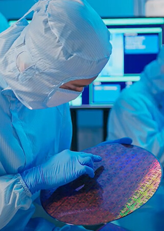 A_man_in_cleanroom_attire_inspecting_a_semiconductor_wafer
