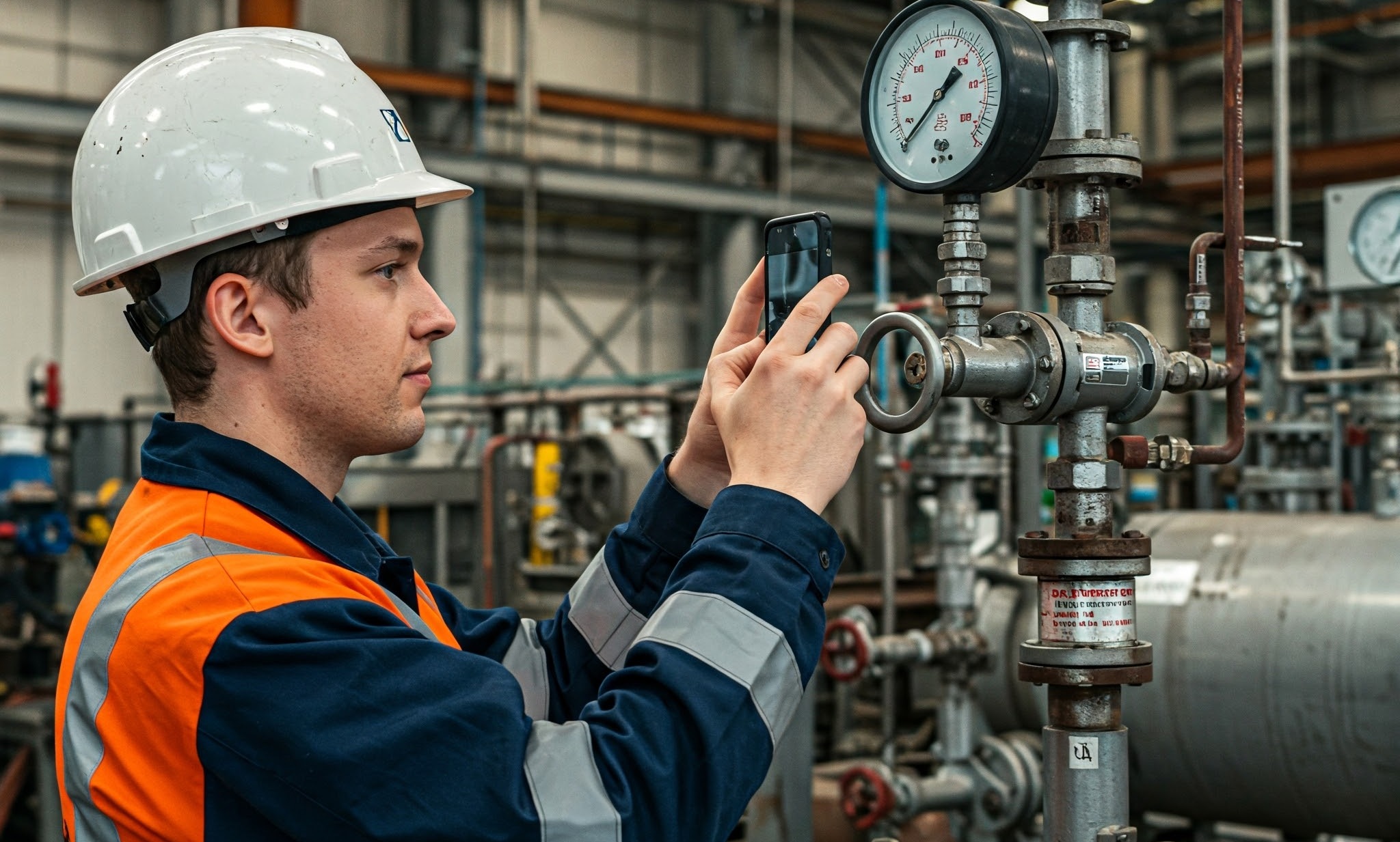 Worker checking pressure gauge in industrial plant