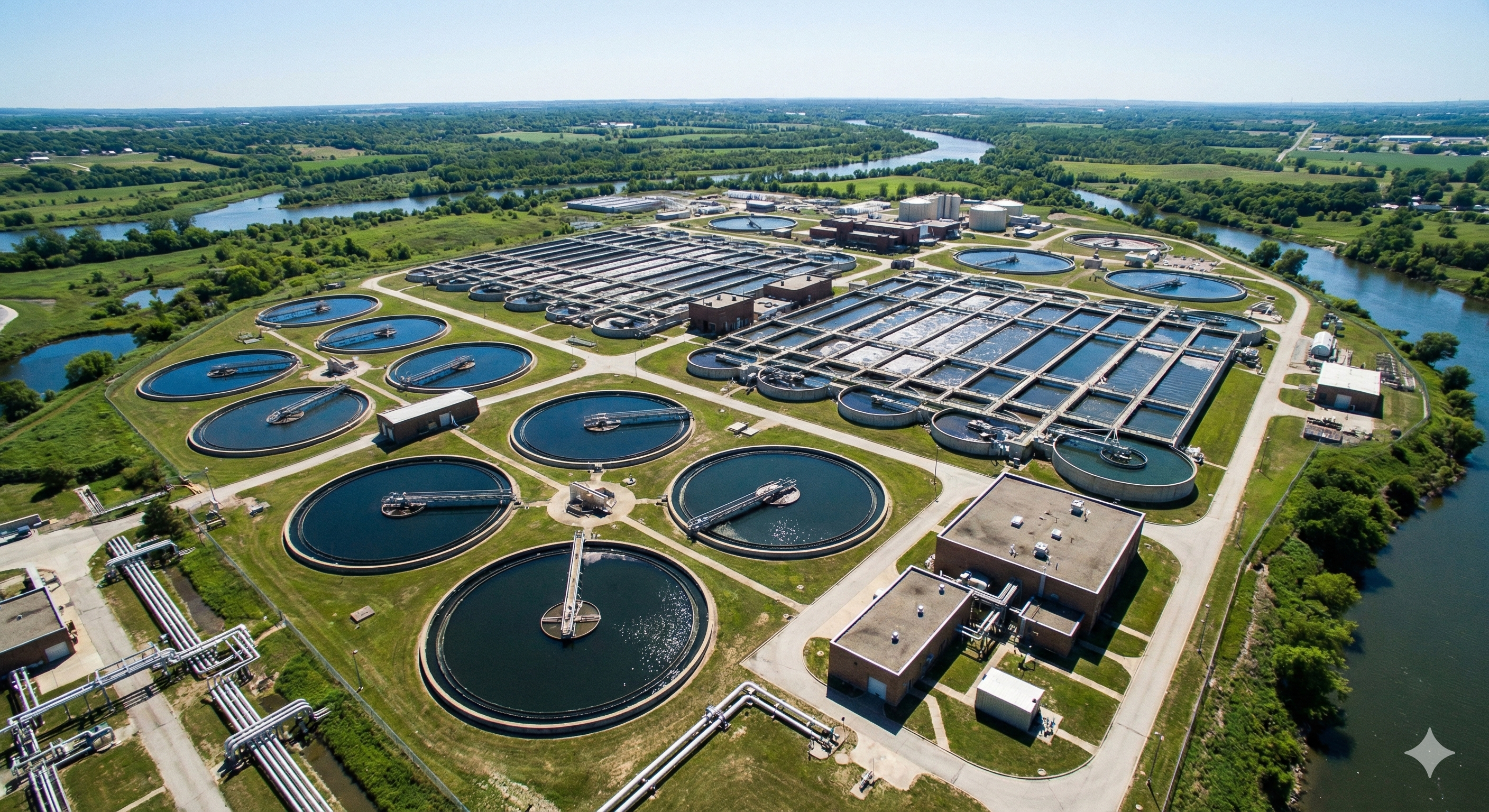 Large circular sedimentation tanks in water treatment plant